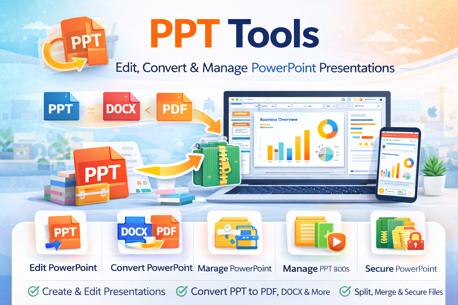 Free online PowerPoint tools to convert PPT, PPTX to PDF, JPG, PNG images, and PDF to PPT