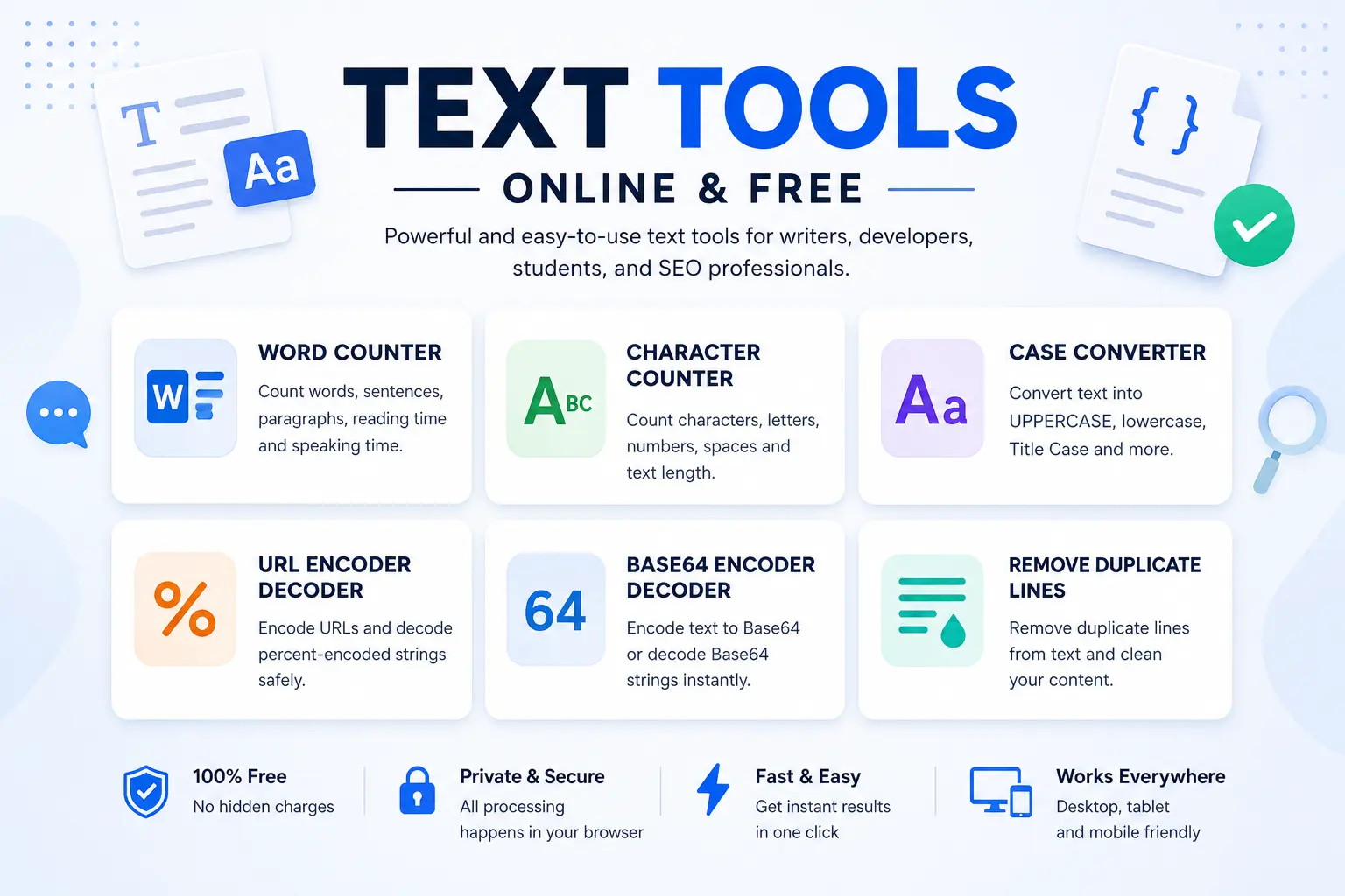 Free online text tools including word counter character counter base64 and url encoder