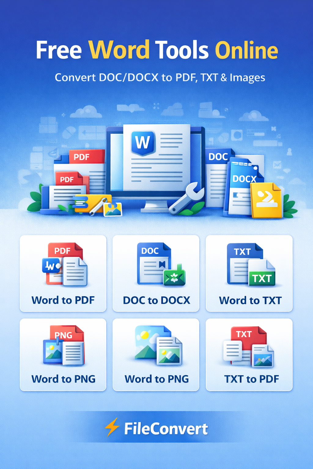 Free Word tools online to convert DOC DOCX files to PDF TXT PNG